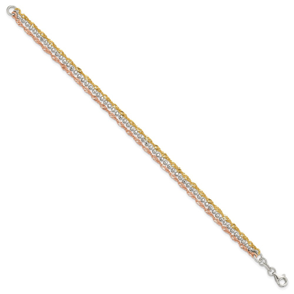 Sterlingsilber Goldfarben und Roséfarben 3 Strang 7.5 Zoll Armband