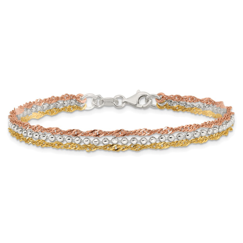 Sterlingsilber Goldfarben und Roséfarben 3 Strang 7.5 Zoll Armband