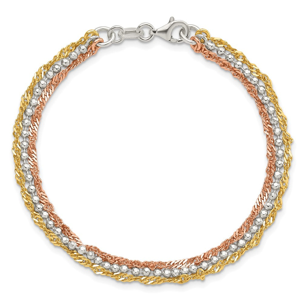 Sterlingsilber Goldfarben und Roséfarben 3 Strang 7.5 Zoll Armband