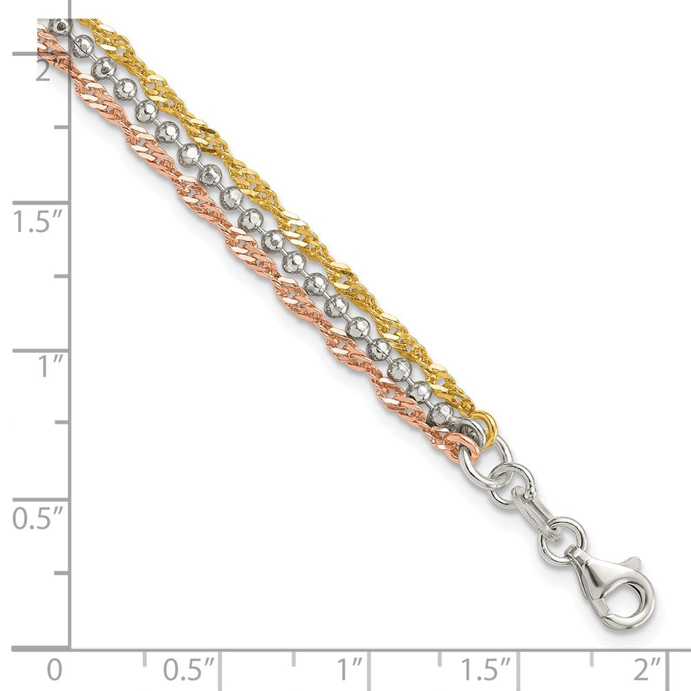 Sterlingsilber Goldfarben und Roséfarben 3 Strang 7.5 Zoll Armband