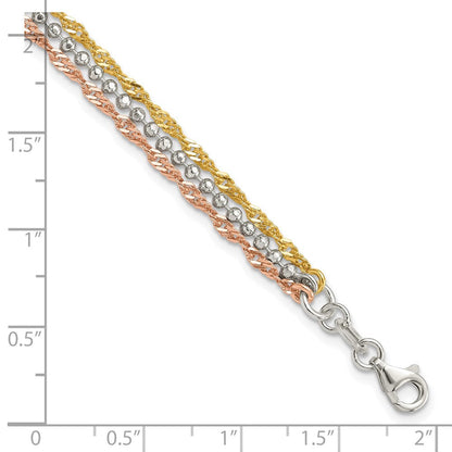 Sterlingsilber Goldfarben und Roséfarben 3 Strang 7.5 Zoll Armband