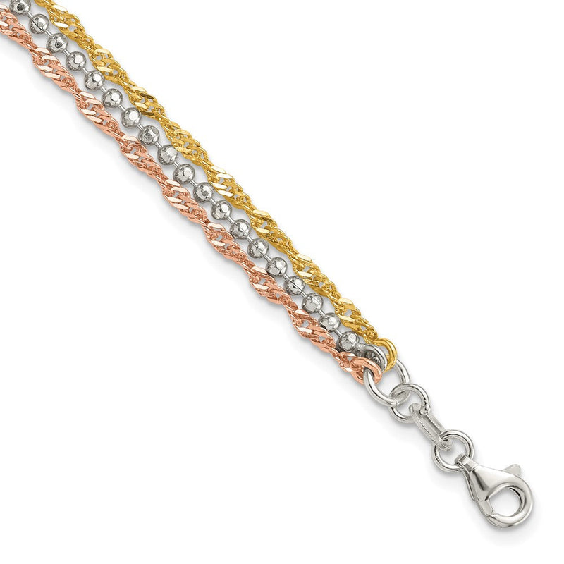 Sterlingsilber Goldfarben und Roséfarben 3 Strang 7.5 Zoll Armband