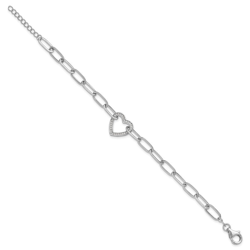 Sterlingsilber Rhodiniert Büroklammer Zirkonia Herz mit 1 Zoll Verlängerung. Armband