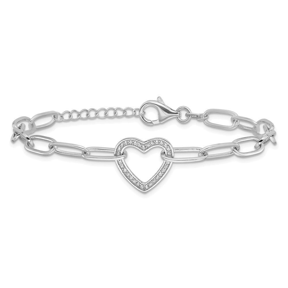Sterlingsilber Rhodiniert Büroklammer Zirkonia Herz mit 1 Zoll Verlängerung. Armband