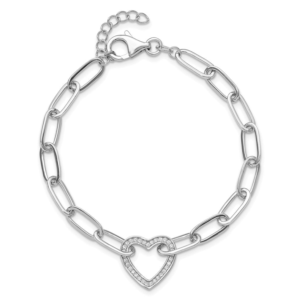 Sterlingsilber Rhodiniert Büroklammer Zirkonia Herz mit 1 Zoll Verlängerung. Armband