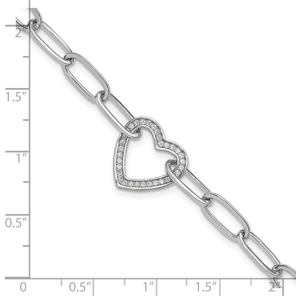 Sterlingsilber Rhodiniert Büroklammer Zirkonia Herz mit 1 Zoll Verlängerung. Armband