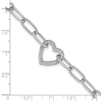 Sterlingsilber Rhodiniert Büroklammer Zirkonia Herz mit 1 Zoll Verlängerung. Armband