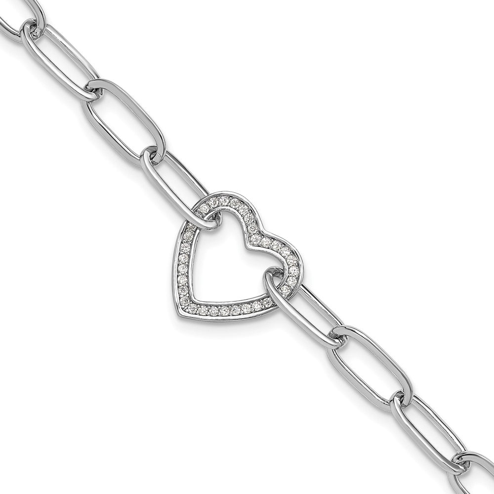 Sterlingsilber Rhodiniert Büroklammer Zirkonia Herz mit 1 Zoll Verlängerung. Armband