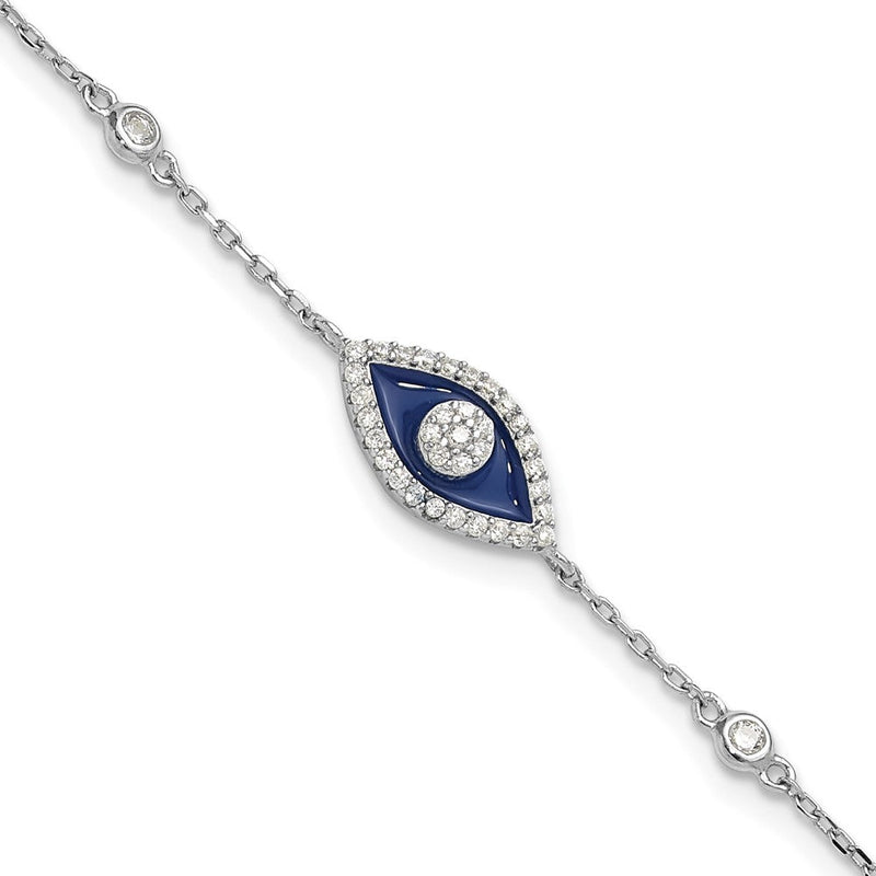 Sterlingsilber Rhodiniert Zirkonia Emaille Böse Auge 7 Zoll mit 1 Zoll Verlängerung. Armband