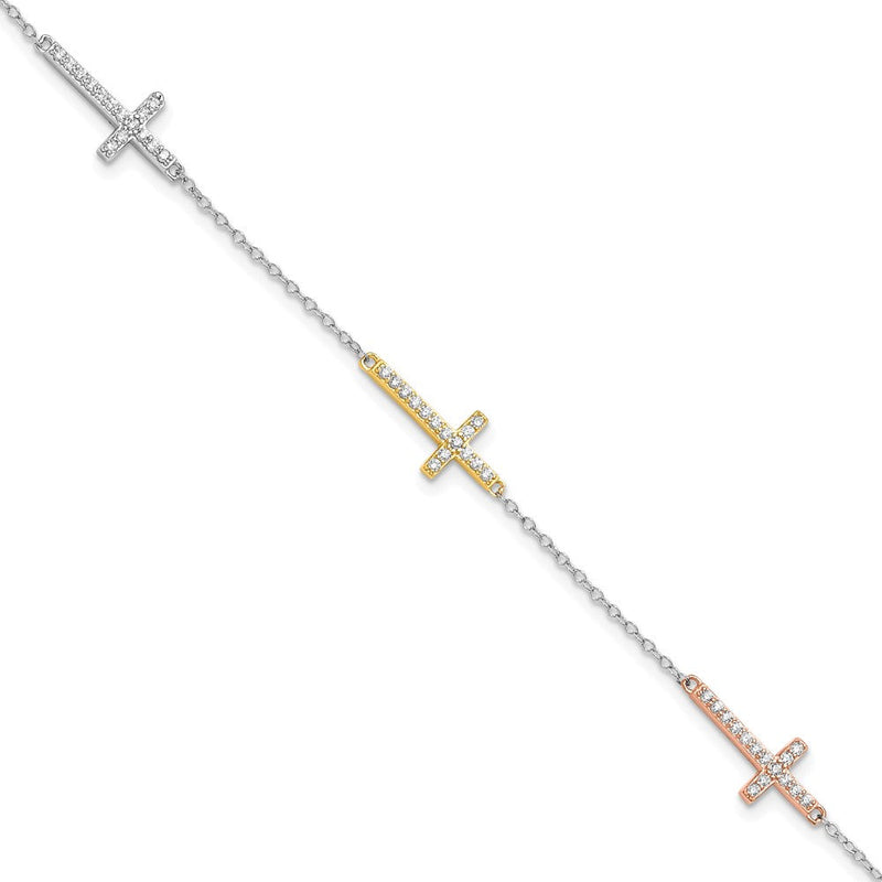 Sterlingsilber Rhodiniert Gold/roséfarben Zirkonia Kreuz mit 1 Zoll Verlängerung. Armband