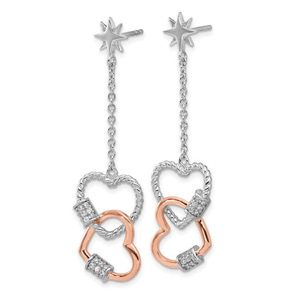 Feuer Sterlingsilber Rhodiniert Roséfarben Zirkonia Herzen Hängend Stecker Earri