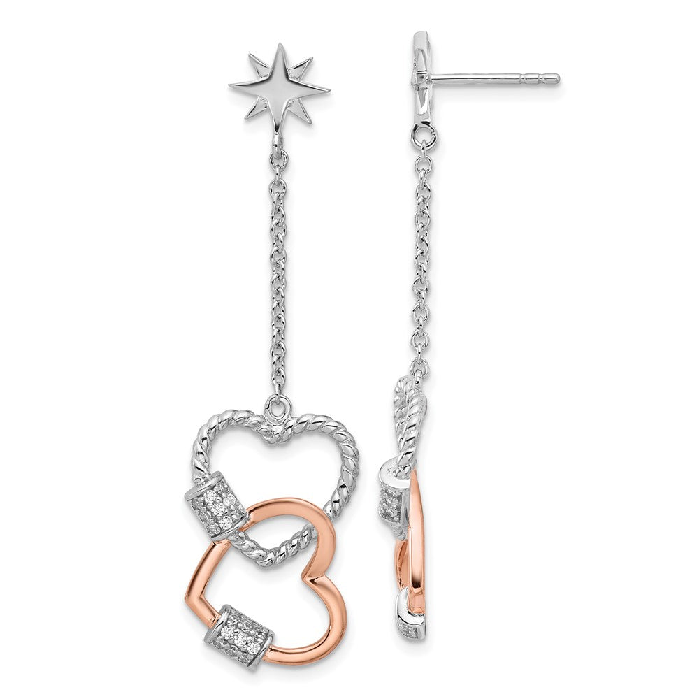 Feuer Sterlingsilber Rhodiniert Roséfarben Zirkonia Herzen Hängend Stecker Earri