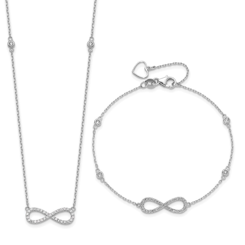 Sterlingsilber Rhodiniert-plate Zirkonia Unendlichkeit Armband und Halskette Set