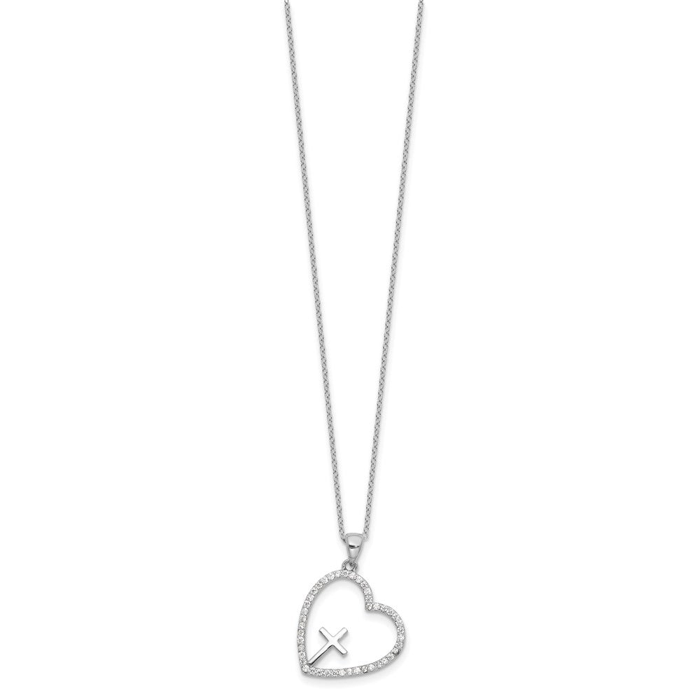 Sterlingsilber Rhodiniert Zirkonia Offen Herz mit Kreuz 18 Zoll Halskette