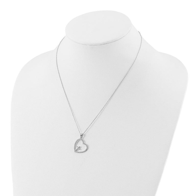 Sterlingsilber Rhodiniert Zirkonia Offen Herz mit Kreuz 18 Zoll Halskette