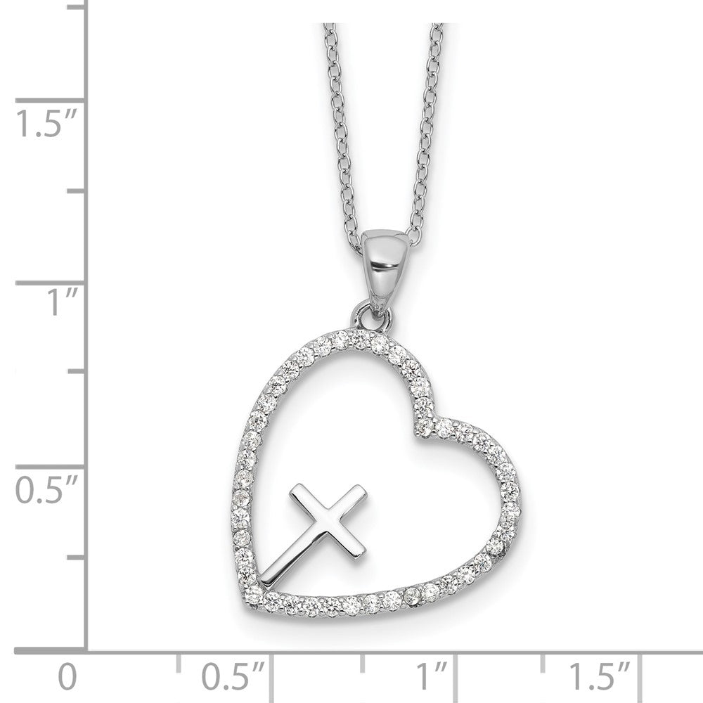 Sterlingsilber Rhodiniert Zirkonia Offen Herz mit Kreuz 18 Zoll Halskette