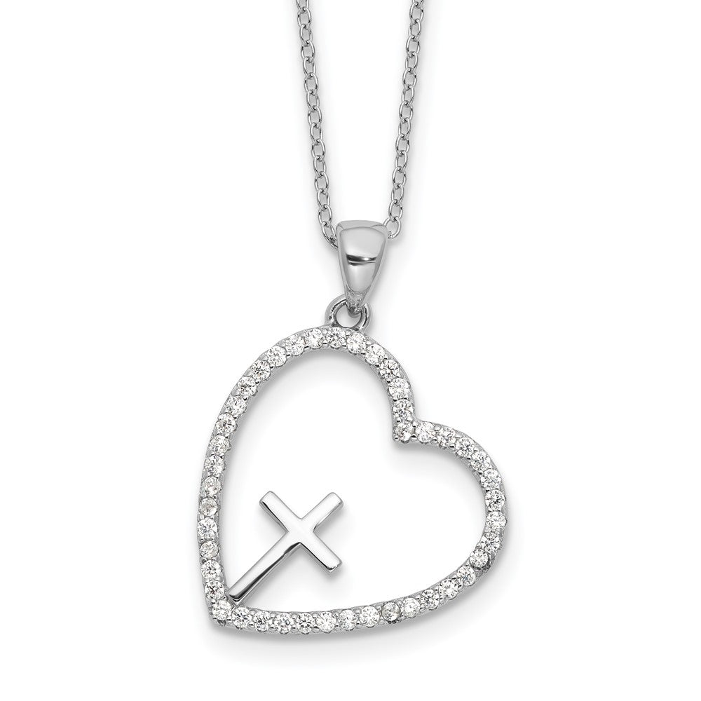 Sterlingsilber Rhodiniert Zirkonia Offen Herz mit Kreuz 18 Zoll Halskette