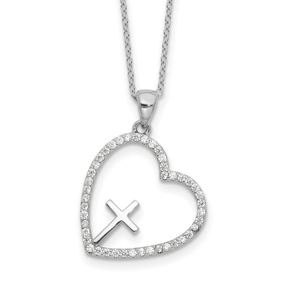 Sterlingsilber Rhodiniert Zirkonia Offen Herz mit Kreuz 18 Zoll Halskette