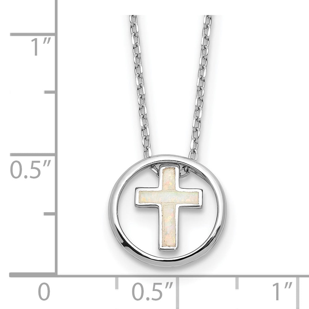 Sterlingsilber Rhodiniert Erzeugt Opal Einlage Kreuz 16 Zoll mit 2 Zoll Verlängerung Halskette