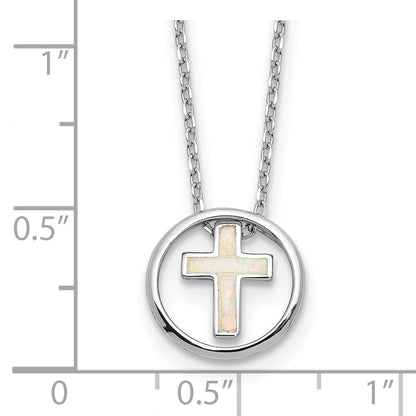 Sterlingsilber Rhodiniert Erzeugt Opal Einlage Kreuz 16 Zoll mit 2 Zoll Verlängerung Halskette