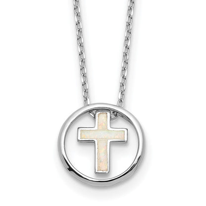 Sterlingsilber Rhodiniert Erzeugt Opal Einlage Kreuz 16 Zoll mit 2 Zoll Verlängerung Halskette