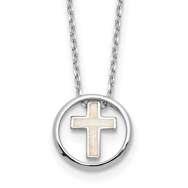 Sterlingsilber Rhodiniert Erzeugt Opal Einlage Kreuz 16 Zoll mit 2 Zoll Verlängerung Halskette