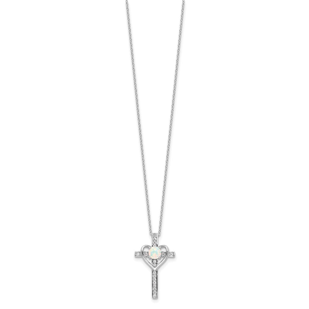 Sterlingsilber Rhodiniert Erzeugt Opal und Zirkonia Kreuz mit Herz 18 Zoll Halskette