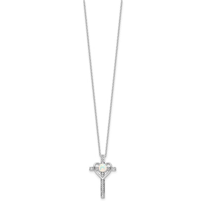 Sterlingsilber Rhodiniert Erzeugt Opal und Zirkonia Kreuz mit Herz 18 Zoll Halskette