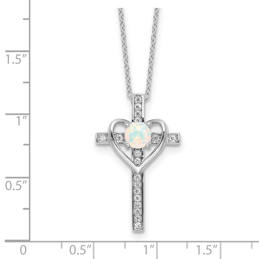 Sterlingsilber Rhodiniert Erzeugt Opal und Zirkonia Kreuz mit Herz 18 Zoll Halskette