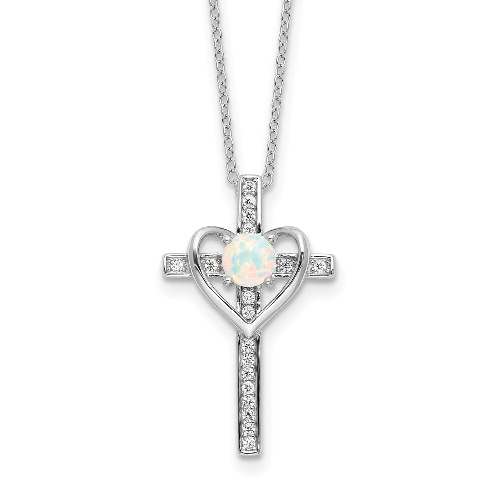 Sterlingsilber Rhodiniert Erzeugt Opal und Zirkonia Kreuz mit Herz 18 Zoll Halskette