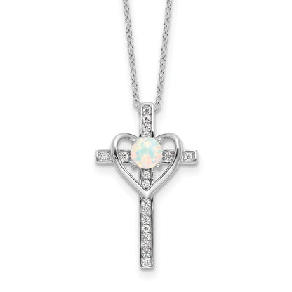 Sterlingsilber Rhodiniert Erzeugt Opal und Zirkonia Kreuz mit Herz 18 Zoll Halskette
