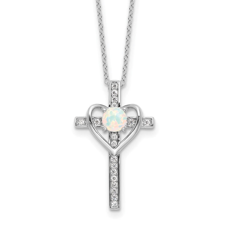 Sterlingsilber Rhodiniert Erzeugt Opal und Zirkonia Kreuz mit Herz 18 Zoll Halskette