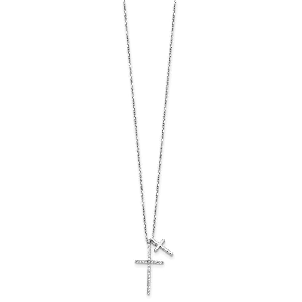 Sterlingsilber Rhodiniert mit Zirkonia Doppelt Kreuz 16 Zoll +2 Zoll Verlängerung Halskette