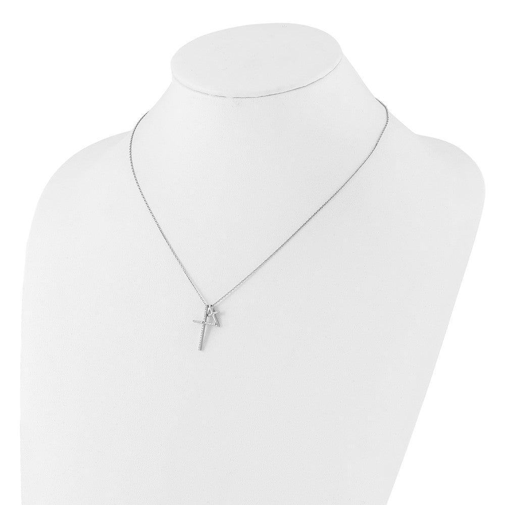 Sterlingsilber Rhodiniert mit Zirkonia Doppelt Kreuz 16 Zoll +2 Zoll Verlängerung Halskette