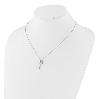 Sterlingsilber Rhodiniert mit Zirkonia Doppelt Kreuz 16 Zoll +2 Zoll Verlängerung Halskette