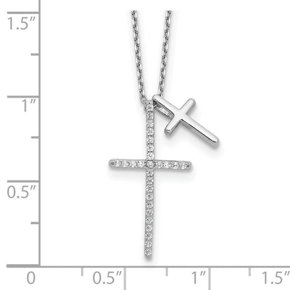 Sterlingsilber Rhodiniert mit Zirkonia Doppelt Kreuz 16 Zoll +2 Zoll Verlängerung Halskette
