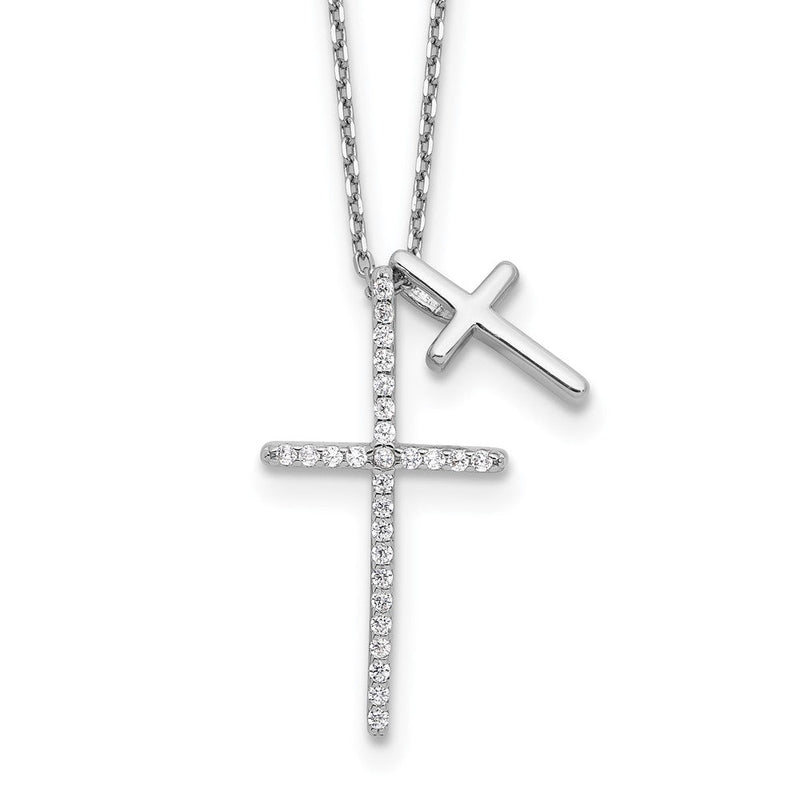 Sterlingsilber Rhodiniert mit Zirkonia Doppelt Kreuz 16 Zoll +2 Zoll Verlängerung Halskette