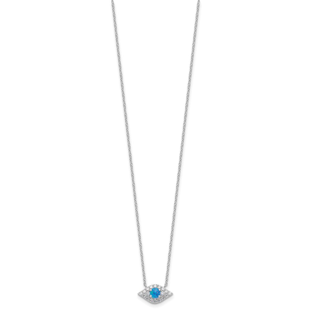 Sterlingsilber Rhodiniert Zirkonia Blau Cr. Opal Böse Auge mit 2 Zoll Verlängerung Halskette