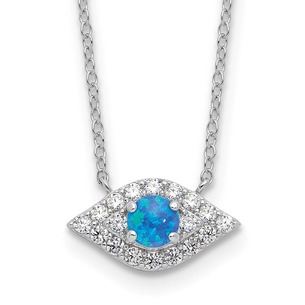 Sterlingsilber Rhodiniert Zirkonia Blau Cr. Opal Böse Auge mit 2 Zoll Verlängerung Halskette