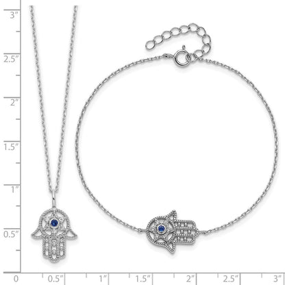 Sterlingsilber Rhodiniert-plate Cr.blue Spinell und Zirkonia Hamsa Armband/necklace Set