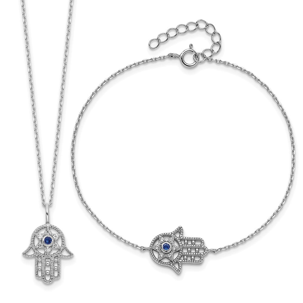 Sterlingsilber Rhodiniert-plate Cr.blue Spinell und Zirkonia Hamsa Armband/necklace Set