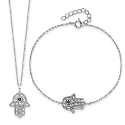 Sterlingsilber Rhodiniert-plate Cr.blue Spinell und Zirkonia Hamsa Armband/necklace Set
