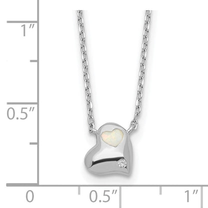 Sterlingsilber Rhodiniert Erzeugt Opal Einlage Zirkonia Herz mit 2 Zoll Verlängerung Halskette