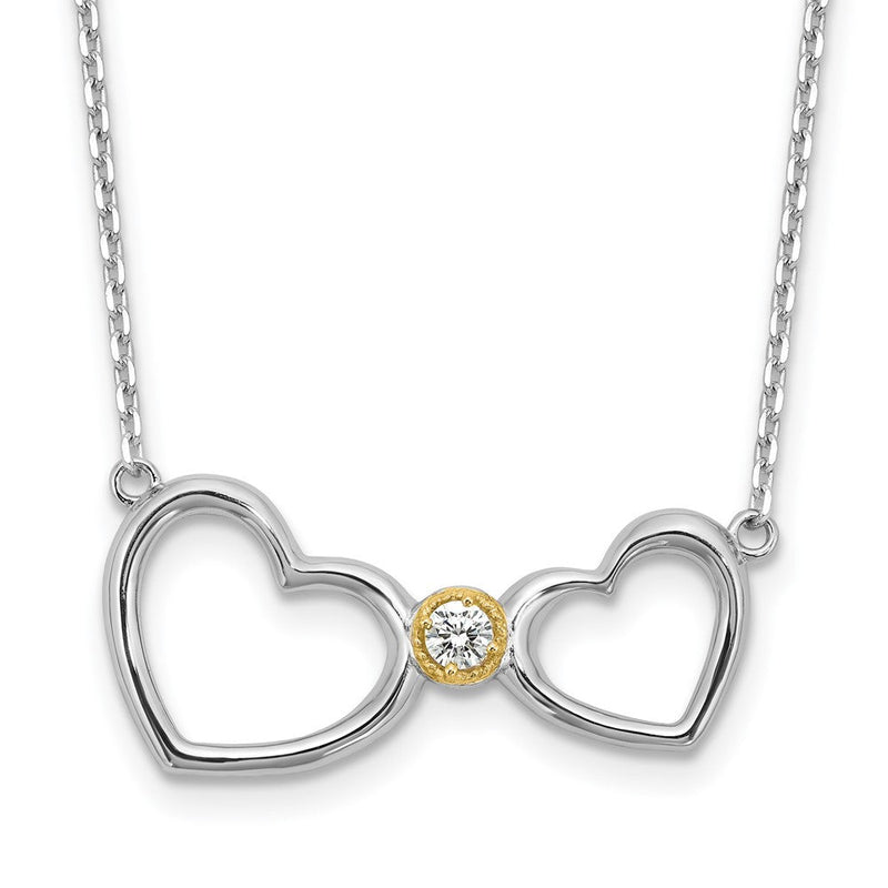 Sterlingsilber mit Silber/14K Bicolor Akzente Rhodiniert Zirkonia Herz mit 2 Zoll. Verlängerung Halskette