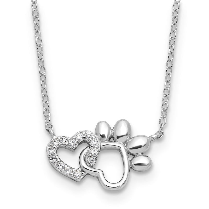 Sterlingsilber Rhodiniert Zirkonia Herz und Pawprint 16 Zoll mit 2 Zoll Verlängerung Halskette