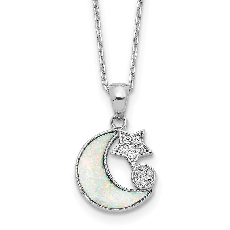 Sterlingsilber Rhodiniert Zirkonia Erzeugt Opal Einlage Mond mit 2 Zoll Verlängerung Halskette