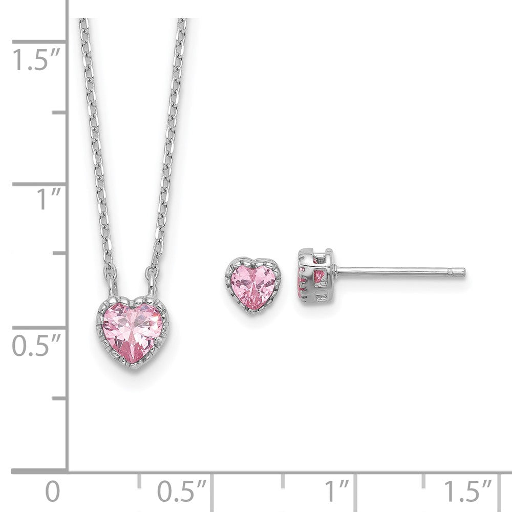 Sterlingsilber Rhodiniert Rosa Zirkonia Herz 13 Zoll mit 2 Zoll Verlängerung Halskette/earring Set