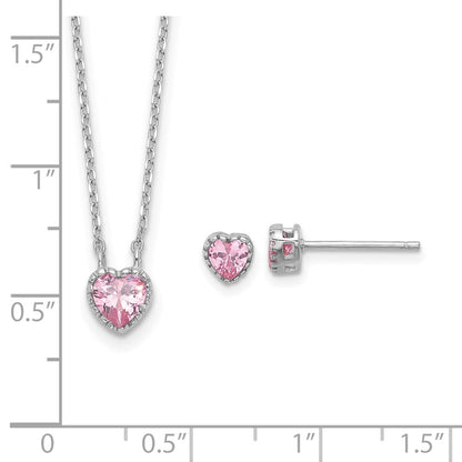 Sterlingsilber Rhodiniert Rosa Zirkonia Herz 13 Zoll mit 2 Zoll Verlängerung Halskette/earring Set