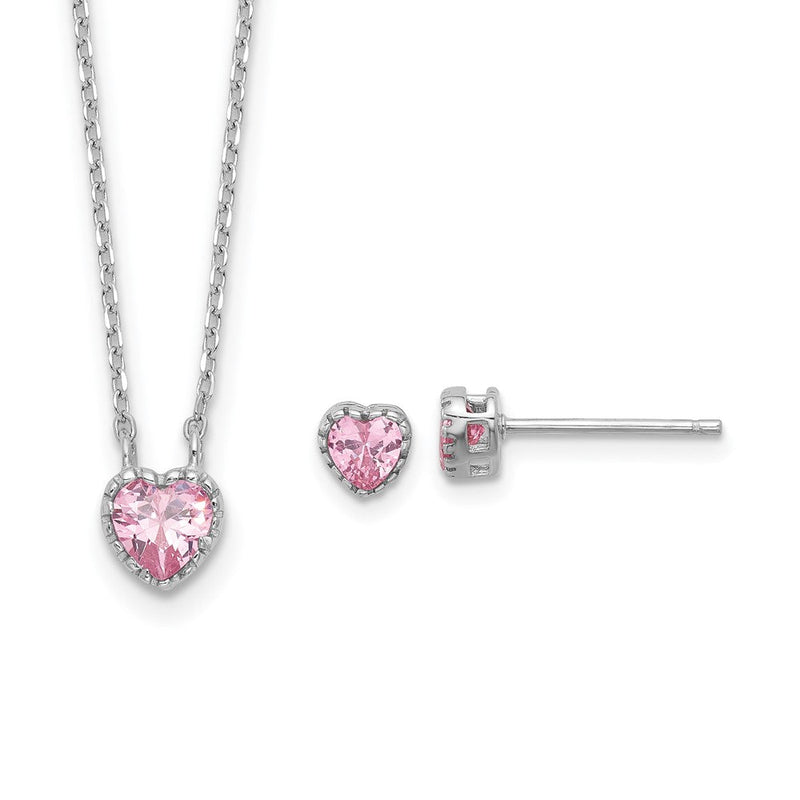 Sterlingsilber Rhodiniert Rosa Zirkonia Herz 13 Zoll mit 2 Zoll Verlängerung Halskette/earring Set