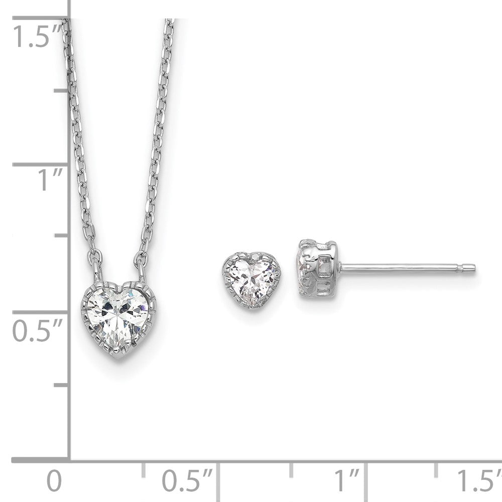 Sterlingsilber Rhodiniert Zirkonia Herz 13 Zoll mit 2 Zoll Verlängerung Halskette/post Ohrring Set